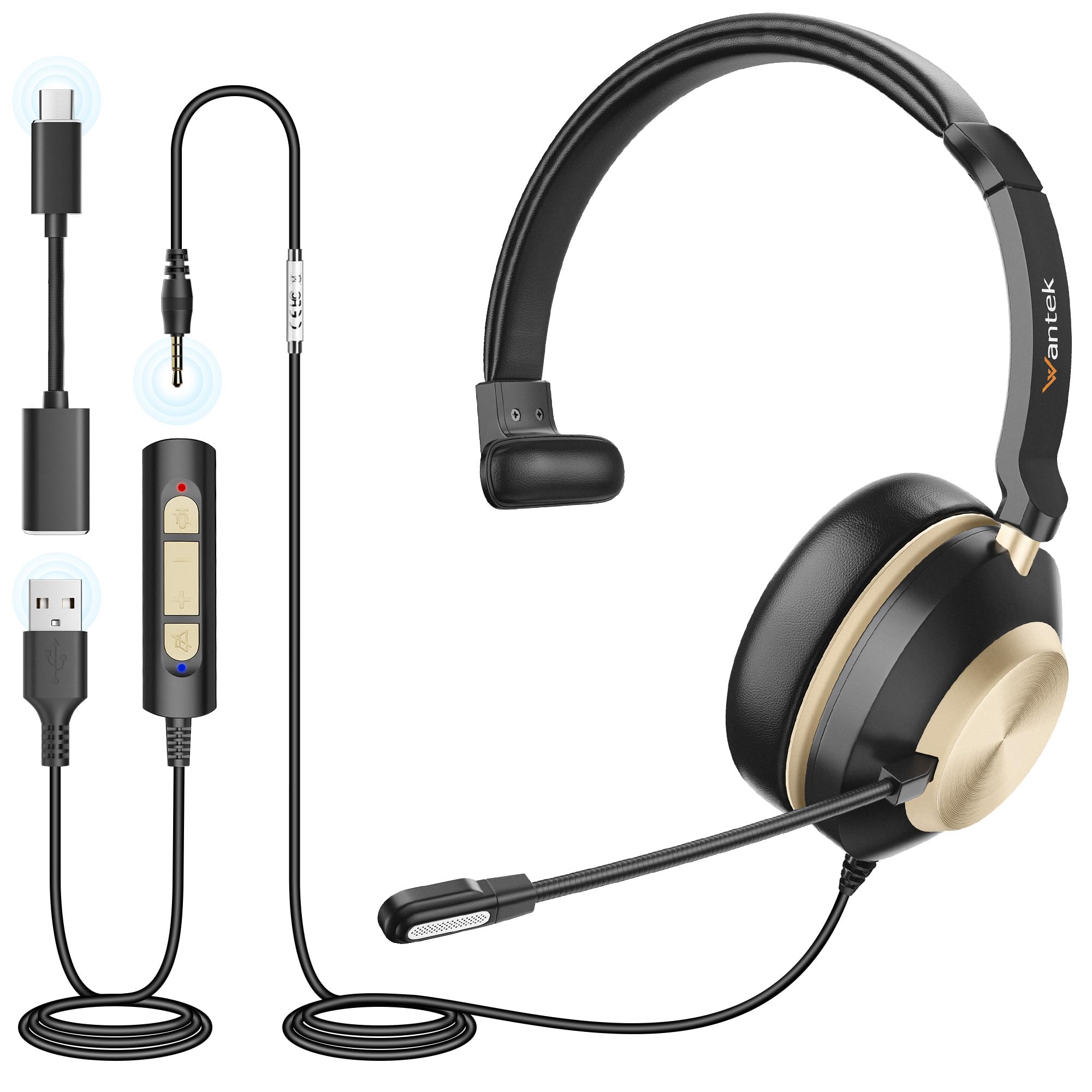 Amazon.com: Wantek USB Headset with Microphone, Type-c/USB/3.5mm